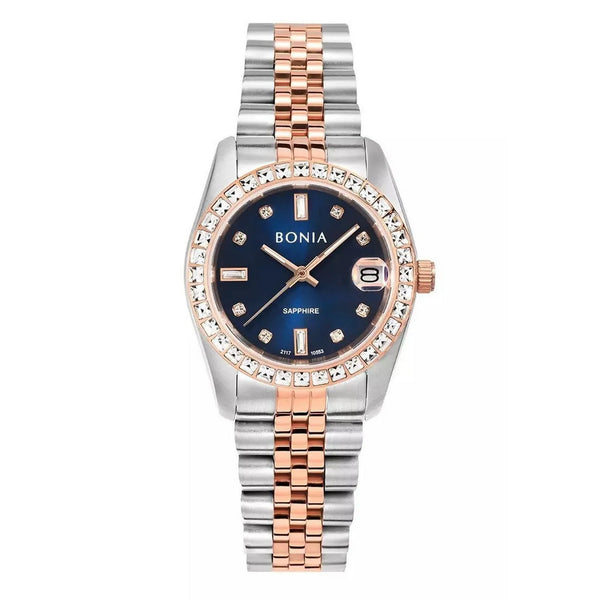 Bonia Noble Encrusted Silver Rosegold Blue Dial B10553-3687S Analog Women