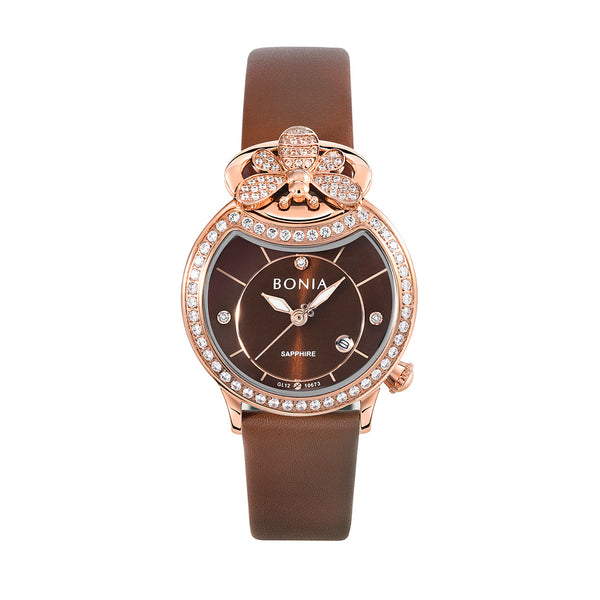 Bonia Bee Brown Leather B10673-2542S Women Watch & Jewelry Set