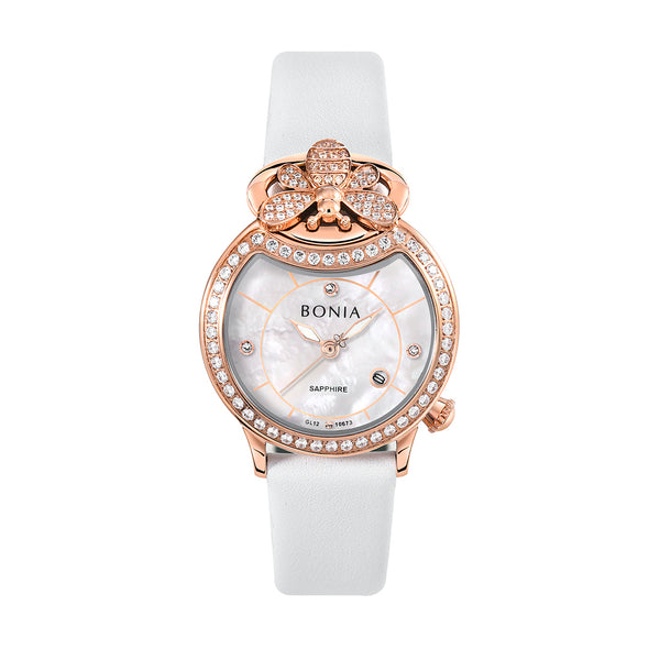 Bonia Bee White Leather B10673-2552S Women Watch & Jewelry Set