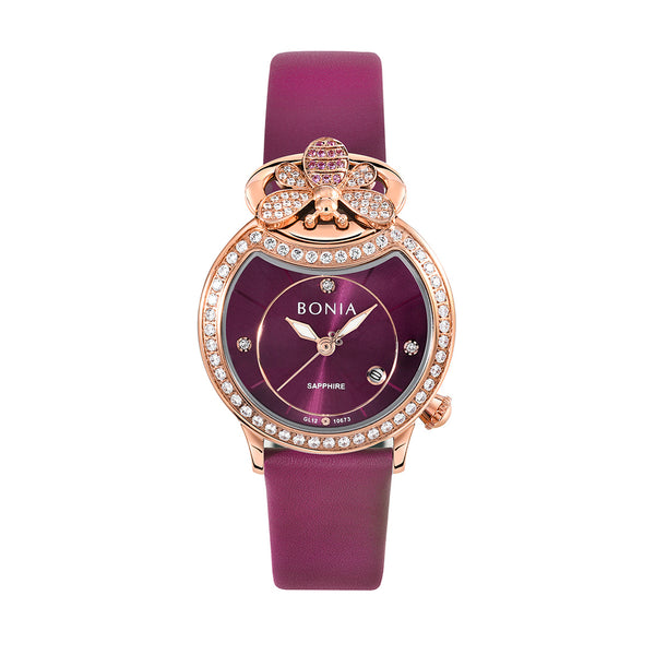 Bonia Bee Purple Leather B10673-2562S Women Watch & Jewelry Set