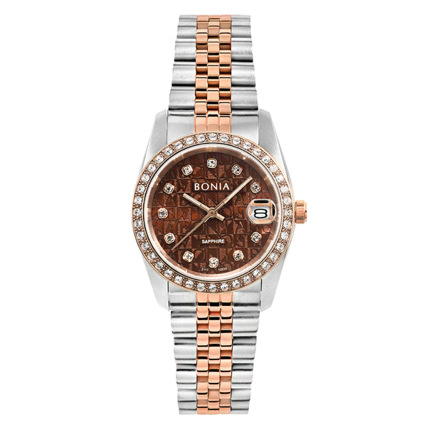 Bonia Noble Monogram Brown Dial B10550-1646S 2Tone Bracelet Men